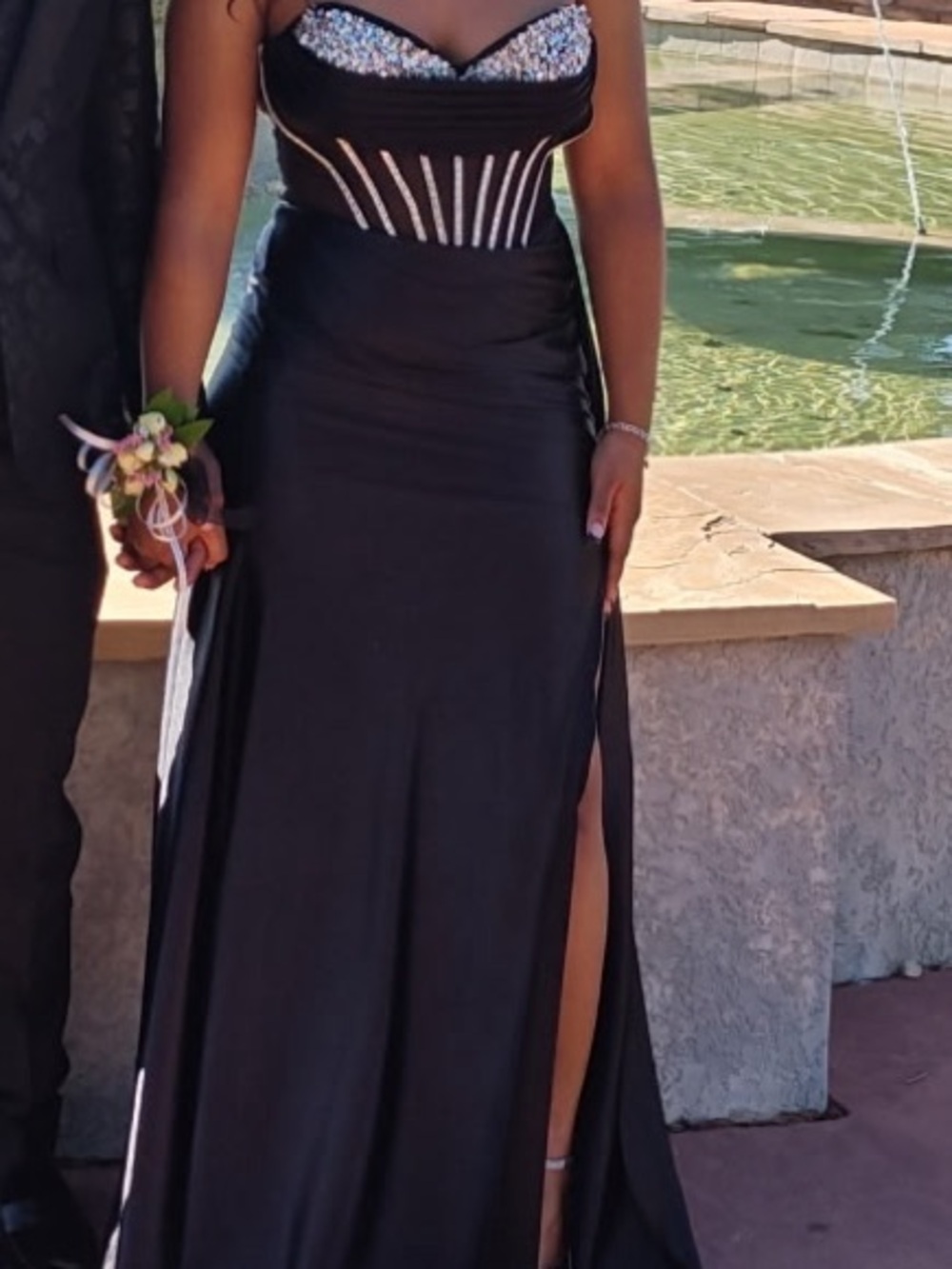 ADORA Black Strapless Prom Gown with Embellished Sweetheart Bodice.Corset ties.